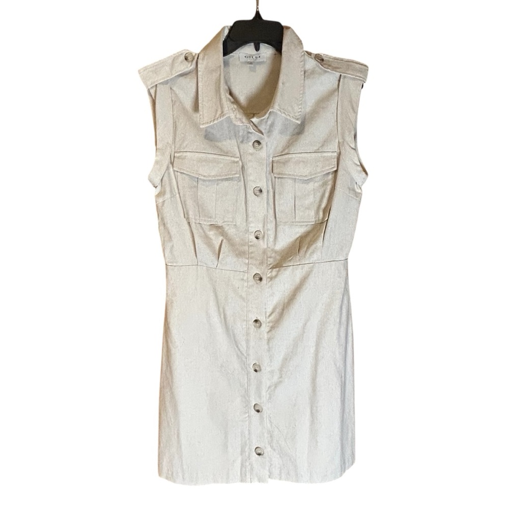 Gilli Linen Cotton Utility Shirt Dress Sleeveless Button Front Beige Size Largeโ